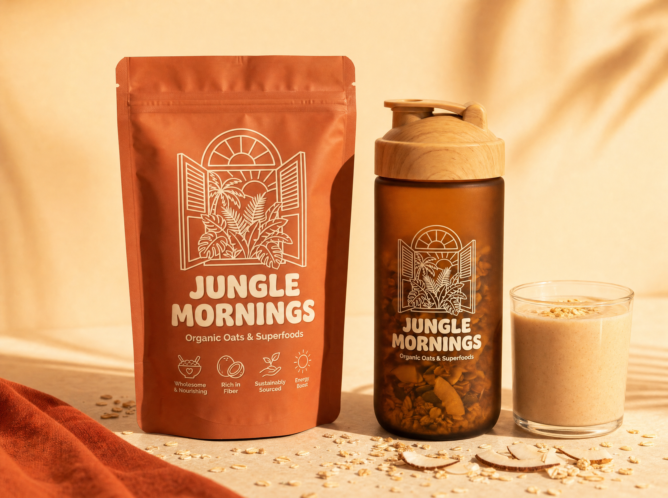Jungle Mornings pouch and shaker — organic oats and superfoods
