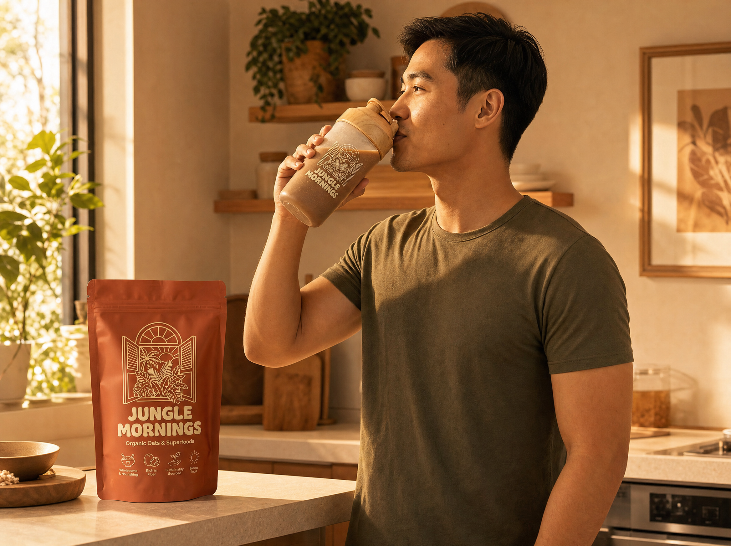 Man drinking Jungle Mornings shake in a warm morning kitchen